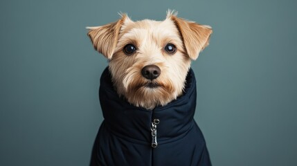 Small dog wearing a stylish hoodie, adorable pet with fluffy fur and bright eyes against a solid wall, perfect for sharing pet moments.