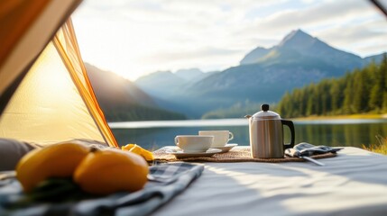 Cozy campsite scene, warm pastries on a table with a steaming drink, tranquil lake and mountains in the background, perfect for relaxation.