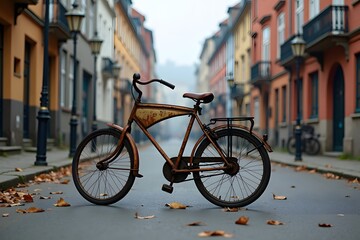 Naklejka premium Abandoned bicycle with broken wheel staying on a street