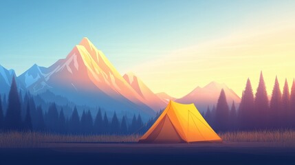 Serene camping scene, vibrant tent glowing in sunlight, majestic mountains in background, perfect for outdoor adventure themes.