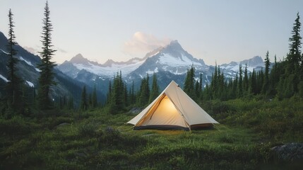 Serene camping scene, cozy tent illuminated at dusk, surrounded by majestic mountains and lush greenery, perfect for adventure themes.