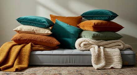 Cozy stack of colorful throw pillows and blankets on a gray platform