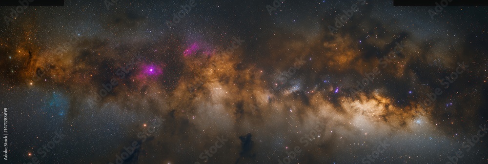 Wall mural cinematic view of deep space clouds with sparkling clusters and colorful ionized gases.
