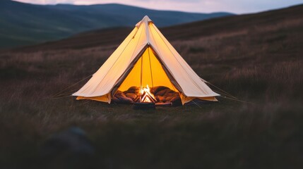 Cozy camping setup, modern triangular tent with warm glow inside, placed on grassland, ideal for outdoor adventures.