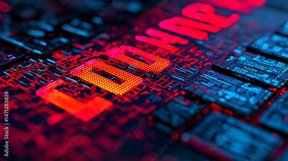 Poster workflow for results and achievements. digital circuit board with glowing elements in vibrant colors