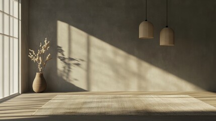 Bright minimalist room with long shadows, empty space on wooden floor, calming and peaceful ambiance perfect for relaxation.