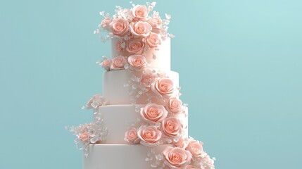 Elegant tiered wedding cake, intricately decorated with delicate pink flowers, set against a soft pastel background.