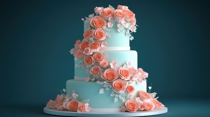 Elegant wedding cake adorned with pink flowers, three-tiered design featuring intricate frosting details, perfect for celebrations.