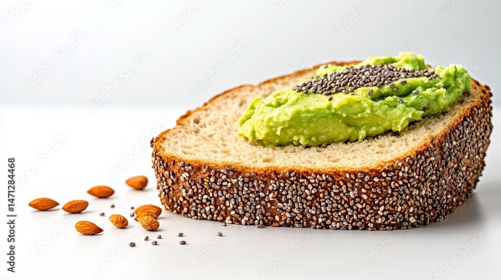 Poster slice of bread with guacamole on top. the bread is brown and the guacamole is green. there are also 