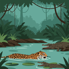 Jaguar Swimming in River with Crocodiles in Tropical Rainforest