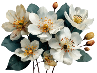 Delicate white flowers bouquet nature digital art indoor close-up. Isolated on transparent background, png.