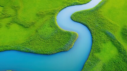 Winding river flowing through lush green landscape, vibrant foliage surrounding calm water, perfect backdrop for nature themes.