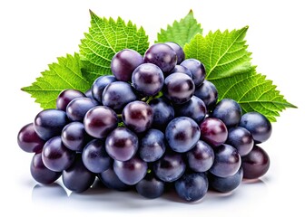 Fototapeta premium Fresh Black Grapes Cluster Green Leaf White Background AI Photo