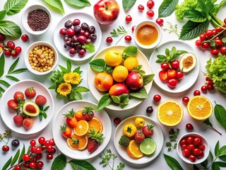 Fresh Fruits, Berries, Wild Plants & Trees - Top View Plates