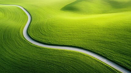 Winding road through lush green hills, scenic pathway inviting exploration, peaceful countryside setting with vibrant nature.