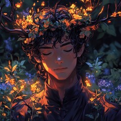 Fototapeta premium Peaceful young man surrounded by glowing flowers and antlers