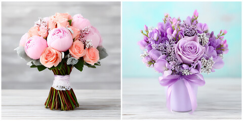 Obraz premium hand-tied bouquets of freshly cut peonies and sweet peas,