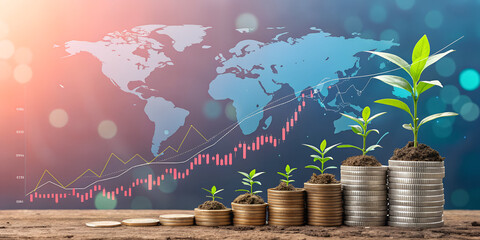 Stacks of coins with growing plants and a world map showing financial growth trends