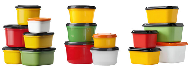 Set of colorful plastic food storage containers with lids- stacked in groups