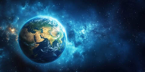 Obraz premium A vibrant and detailed view of planet Earth from space, showcasing the continents of Asia, Europe, and Africa against a backdrop of stars and glowing nebulae in deep space.