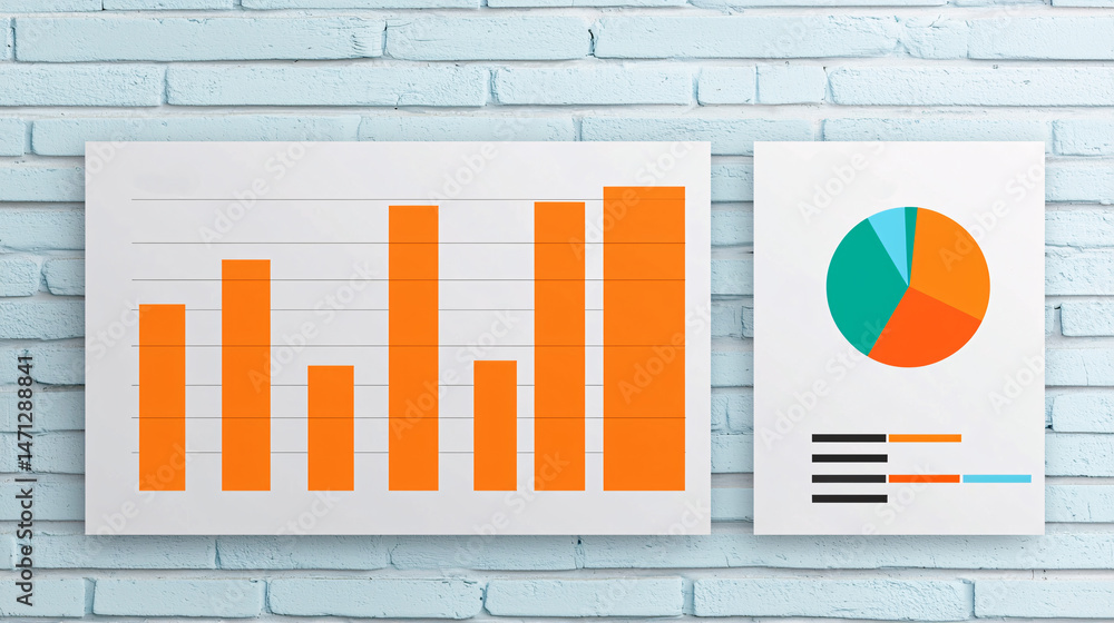 Poster workflow for results and achievements. graphs and charts on a brick wall background.