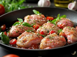 Freshly Cooked Chicken Thighs with Tomatoes and Herbs in Pan