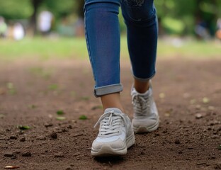 Person walking in park, low angle view, focus on feet