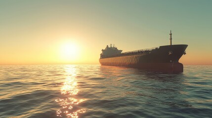Ship at Sunset on Calm Waters with Bright Golden Sunlight