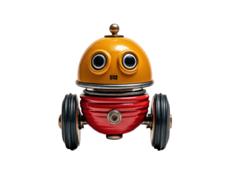 Playful robot toy imaginative studio digital artwork creative vibe. Isolated on transparent background, png.