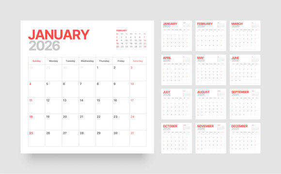 Monthly calendar layout for 2026 year. Planner Square diary for 2026 year. Week Starts on Sunday. 