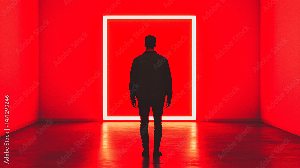 Poster workflow for results and achievements. a figure stands before a glowing red square in a minimalist r