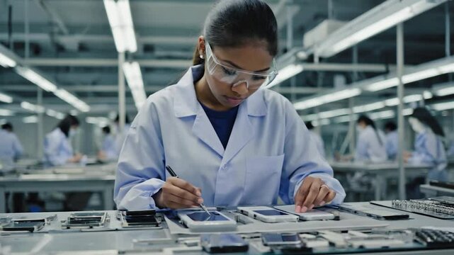Woman assembling electronic device in a manufacturing production environment