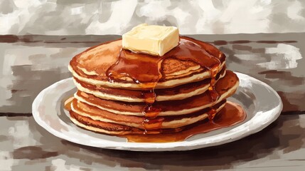Digital illustration of a stack of pancakes with syrup and butter.