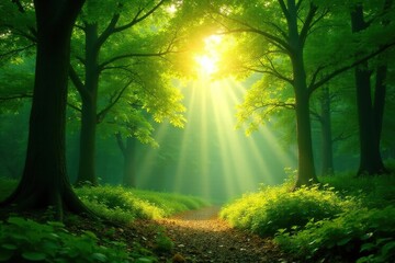 Serene forest scene showcasing sunlight filtering through leaves, creating a peaceful, meditative atmosphere , spiritual, green