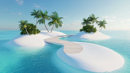 Tropical paradise scene, serene blue waters, lush palm trees, ideal for travel promotions or relaxation themes, ample space for text.