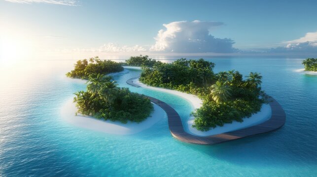 Tropical island paradise, serene blue waters surrounding lush greenery, perfect for relaxation or travel advertising.