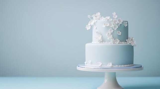 Elegant wedding cake on a cake stand, white frosted layers with floral decorations, perfect for celebrations and gatherings.