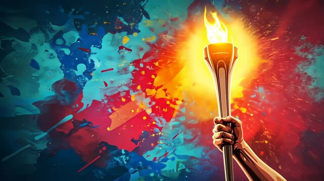 Hand holding olympic torch against dynamic colorful abstract splash background