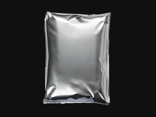 Realistic silver foil snack bag mockup on black background. Clean and modern packaging ideal for coffee, chips, or tech products with a premium look.

