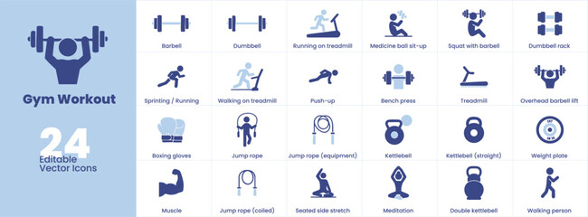 Editable gym and workout line icons for fitness, training, and health visuals. Clean, modern vector designs