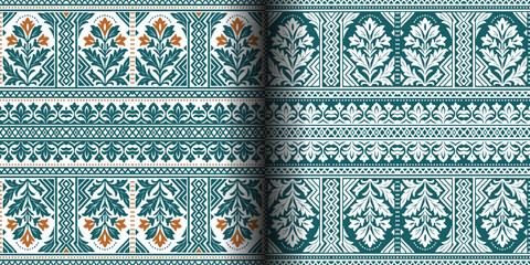Seamless classic border pattern with ornate acanthus leaves, floral details & geometric elements. Rich teal, orange & white. Traditional vintage style for wallpaper, textiles, or decorative trim