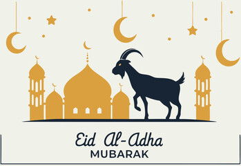 Eid ul adha greetings vector with mosque,  cow and goat