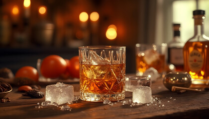 Rum glass on table with ice mold, decor elements around, atmospheric background.
