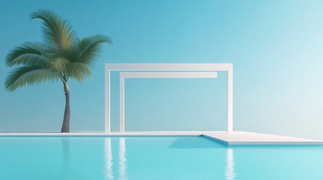 Serene poolside oasis, minimalist modern architecture with a palm tree, inviting tranquil vibes and relaxation space.