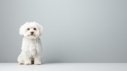 Fluffy white puppy sitting calmly, small dog with bright eyes, ideal for pet-themed content or cute animal promotions.