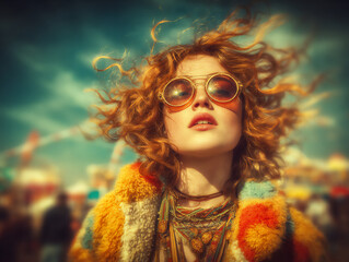 dynamic portrait of a young woman with flowing hair and sunglasses in a summer street setting, motion blur, bright sunlight,