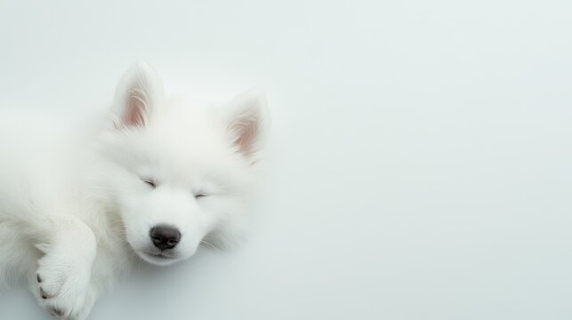 Adorable fluffy white puppy sleeping peacefully, serene expression on soft fur, perfect for joy and cuteness-themed projects.
