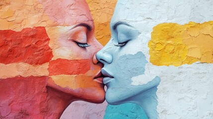 Colorful mural depicting a passionate kiss.