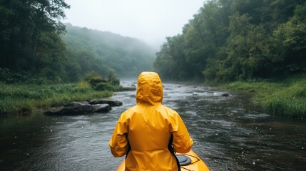 Person in vibrant yellow raincoat, facing misty river, surrounded by lush greenery, evoking adventure and exploration.