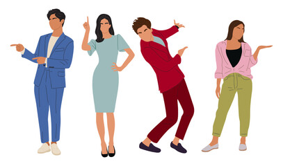 et of diverse people standing full length, pointing, showing direction,  presenting goods with hand gestures. Flat colorful vector illustrations isolated on transparent background